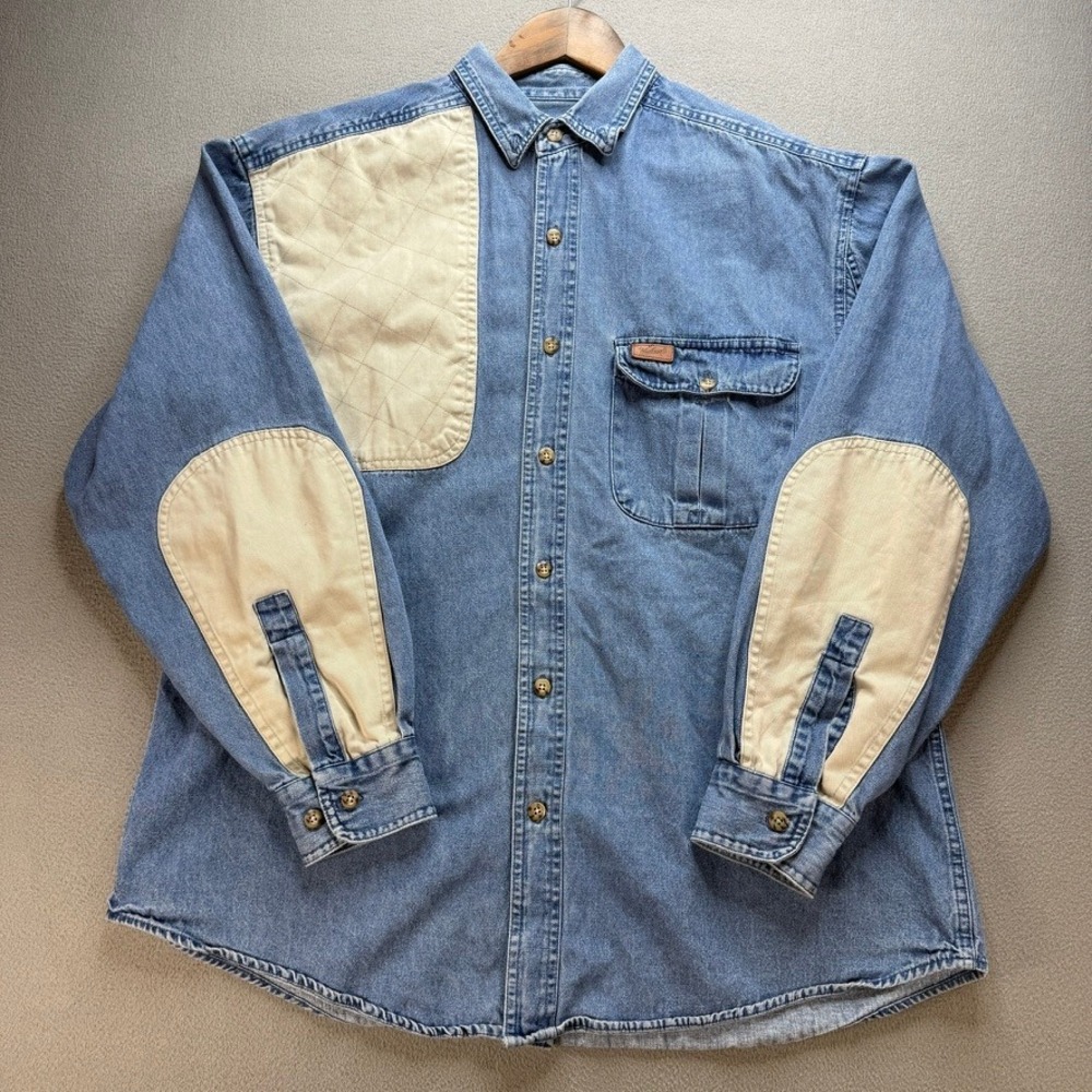 Woolrich Denim Shooting Shirt Outdoor Guide Quilted Patch Large Blue Cotton L